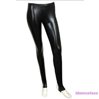Black Wet Look Boho NEW Womens Stirrup Leather Leggings Tights US sz S