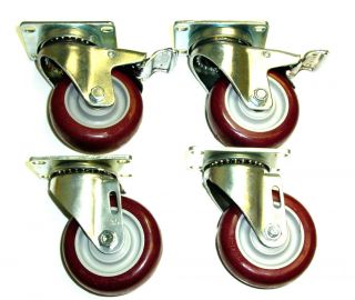 Set 4 Swivel Plate Casters with 4 Maroon Polyurethane Wheels & 2 with 