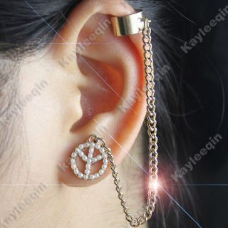 Anti War Peace Sign Pearl Chain Ear Cuff Clip Stud Wrap Earrings Goth 