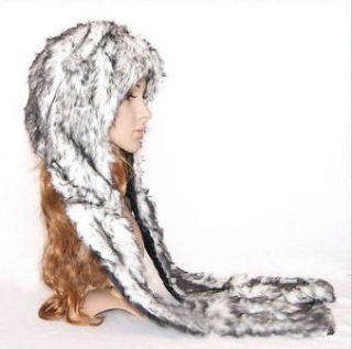 White Wolf Full Animal Hood Hoodie Hat Faux Fur 3 in 1 Function 