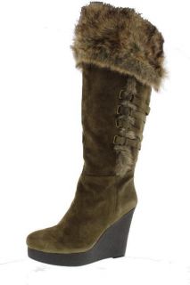 Nine West NEW Estrada Green Suede Fold Over Over The Knee Wedge Boots 