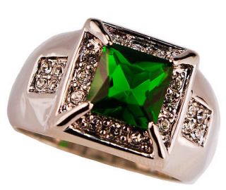 EMERALD simulated GREEN CONTEMPORARY DESIGN Mens ring 18K gold overlay 