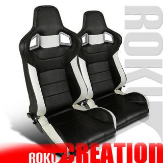 PAIR JDM SPEED RACING SEATS RECLINABLE STYLE BLACK AND WHITE DUAL 