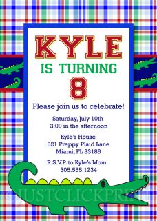 boys preppy plaid alligator birthday invitation uprint  15 