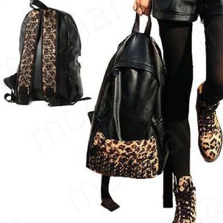 NEW Western Women Punk Leopard Rivets Faux leather Backpack Knapsack 