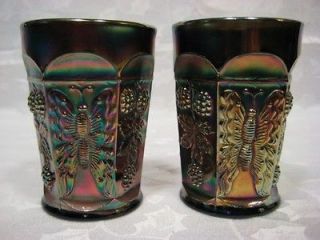 FENTON CARNIVAL GLASS BUTTERFLY AND BERRY 2 TUMBLERS BLUE GLASS 