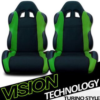 2pc LH+RH JDM Blk/Green Fabric & PVC Leather Racing Bucket Seats 