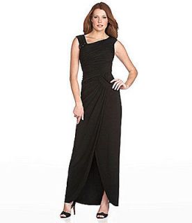 Adrianna Papell Asymmetrical Ruched Gown With Bead Detail Black, Sz 