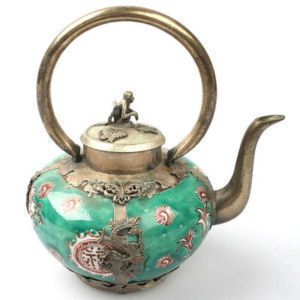Wonderful porcelain green teapot carved dragon ##