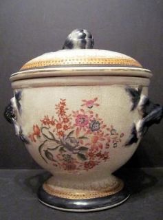 Large Floral Majolica Bowl with Lid and Handles Has Red WL1895 