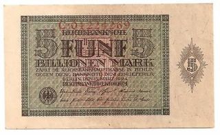 RARE Reichsbanknote 5 Billionen Mark 15.März 1924 Germany Weimar 