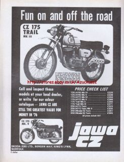 Jawa CZ 175 Trail MKIII Motorcycle 1976 Magazine Advert #1832
