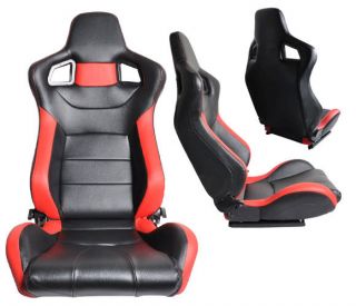 NEW 2 BLACK & RED LEATHER RACING SEATS RECLINABLE W/ SLIDER ALL 