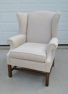 Wingback Chair by Ethan Allen in Cream Fabric with Blue and Rust 