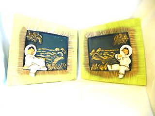 Pair Chartreuse Oriental Chalk Ware Plaques 1953 Universal Statuary Co 