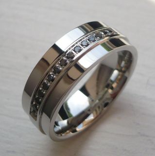 MENS 8MM STAINLESS STEEL COMFORT FIT BAND RING GENUINE BLACK DIAMONDS 