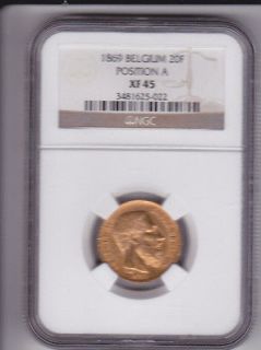 1869 NGC XF45 Belgium Gold 20 Francs Position A Gold Coin