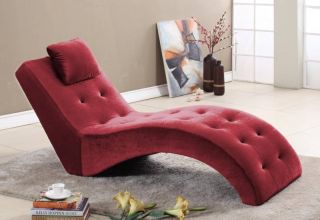 Burgundy Velvet Fabric Tufted Design Lounge Chaise Chair with Pillow 