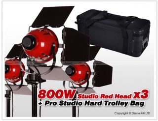 800W Red Head Quartz Video Fresnel Lamp x3 + Hard Trolley Bag