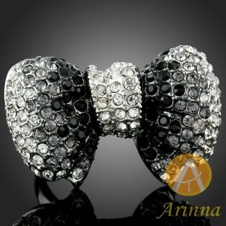 ARINNA Bowknot Cool Finger Ring Black Change White Gold Plated 