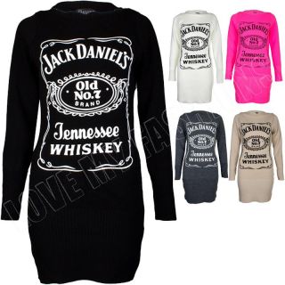 New Womens Ladies Jack Daniels Print Long Jumper Dress Knitted Top 