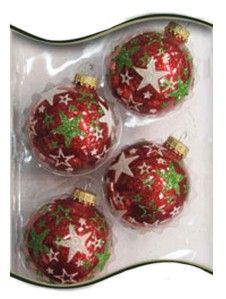 New Christmas by Krebs Red Sparkle Ball Ornament with Stars 4 PC Set 