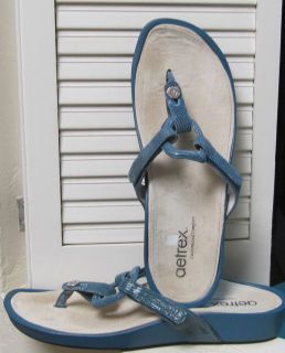 Aetrex Comfort Thong Sandal Aqua Reptile Leather Upper Adjustable 