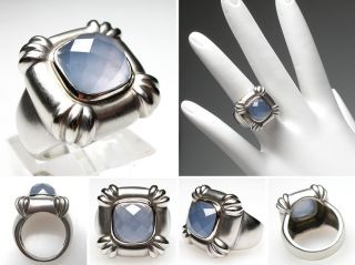 Natural Blue Agate Chalcedony Cocktail Ring Solid 18K White Gold