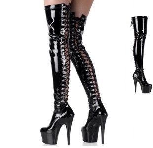 PLEASER Adore Kiss Stripper Patent Thigh High Boots Slides Platform 