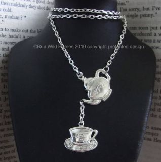 Alice in Wonderland Tea Party Silver Ton Charm Necklace