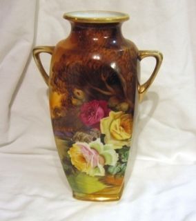 Antique Nippon Morimura Mark Floral Rose Handled Vase Noritake 