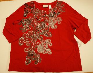 Alfred Dunner Shirt Size Large L Red w Silver Paisley Print Top Notch 