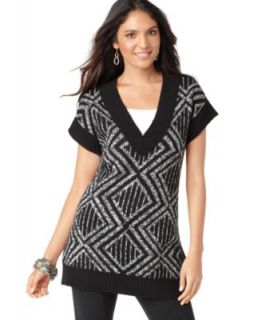 Alfani New Black White Pattern V Neck Ribbed Trim Tunic Sweater 