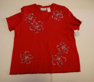Alfred Dunner short sleeve shirt Plus size 1X Red w Blue White flowers 