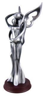 Scratch and Dent` Abstract Silvered ANGEL KISS Couple Statue