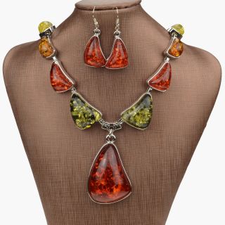    Baltic Silver Amber Gem Earrings Necklace Pendant Jewelry Set A2454K