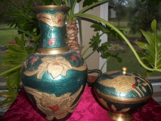 VINTAGE SOLID BRASS TALL TURQUOISE VASE MATCHING CANDY DISH MADE IN 