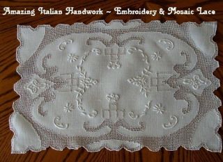 SUPERB 16pc Antique Italian Linen Placemats Embroidered Mosaic Lace 