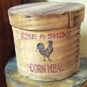 Antique Country Primitive Barn wooden BARREL cheese box ROOSTER 