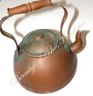 Antique Vintage Wood Handle GOOSE Neck Copper Kettle Teapot Made in 