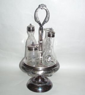Antique Glass Silver Plate Turntable Condiment Set