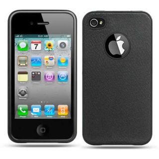 Black Premium Leather Feel Skin Case Cover for Apple iPhone 4 4G 4S 