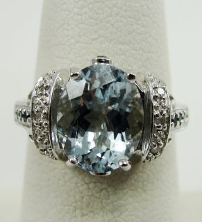 10K White Gold Aquamarine Ring Solitaire Blue Diamond Clear Accent 