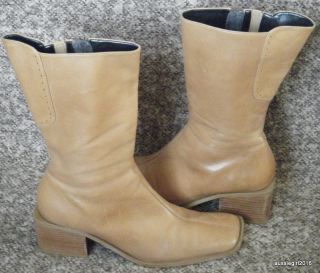 Moda Camel Color Leather Mid Calf Boots SZ 7 Chunky Heel EXCELLENT