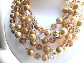 Vintage MARVELLA 5 Strand Gold Crystal Clear Amber Brown Necklace