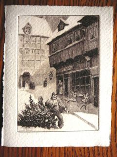 morgan dennis etching christmas tree through village 