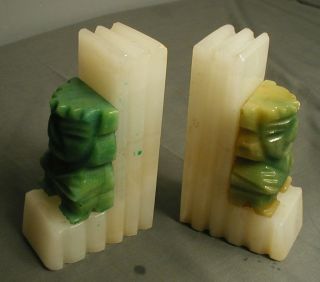 PAIR OF ALABASTER BOOK ENDS   MAYAN FIGURES IN GREEN & WHITE   HEAVY 