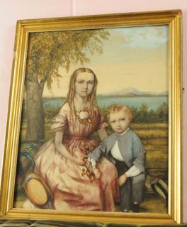 Antique 19th Century Watercolor Portrait Painting Brother and Sister 
