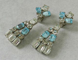 Exquisite 1960s Large Vintage Blue Rhinestone Dangle Earrings Perfect 