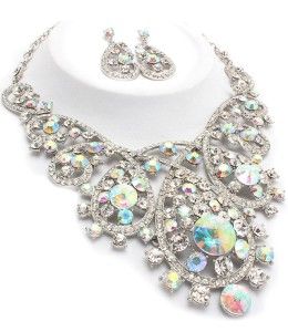 aurora borealis clear silver bib necklace set elegant crystal costume 